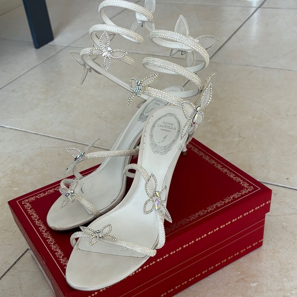 Rene Caovilla size 41 IT Ivory Crystal Butterfly Spiral Heels